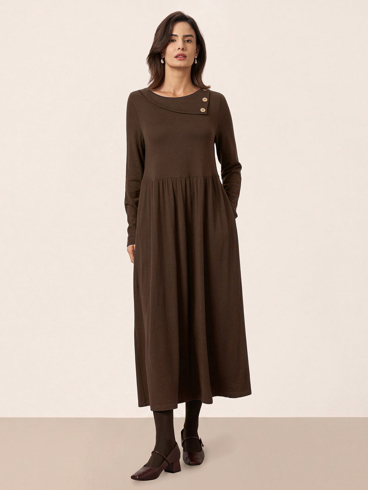 Wool Layered Neck Pleated Midi Dress BILLIE