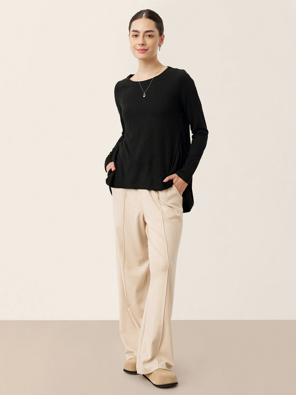 Wool Panelled Ruched Asymmetric Hem Top KALISTA