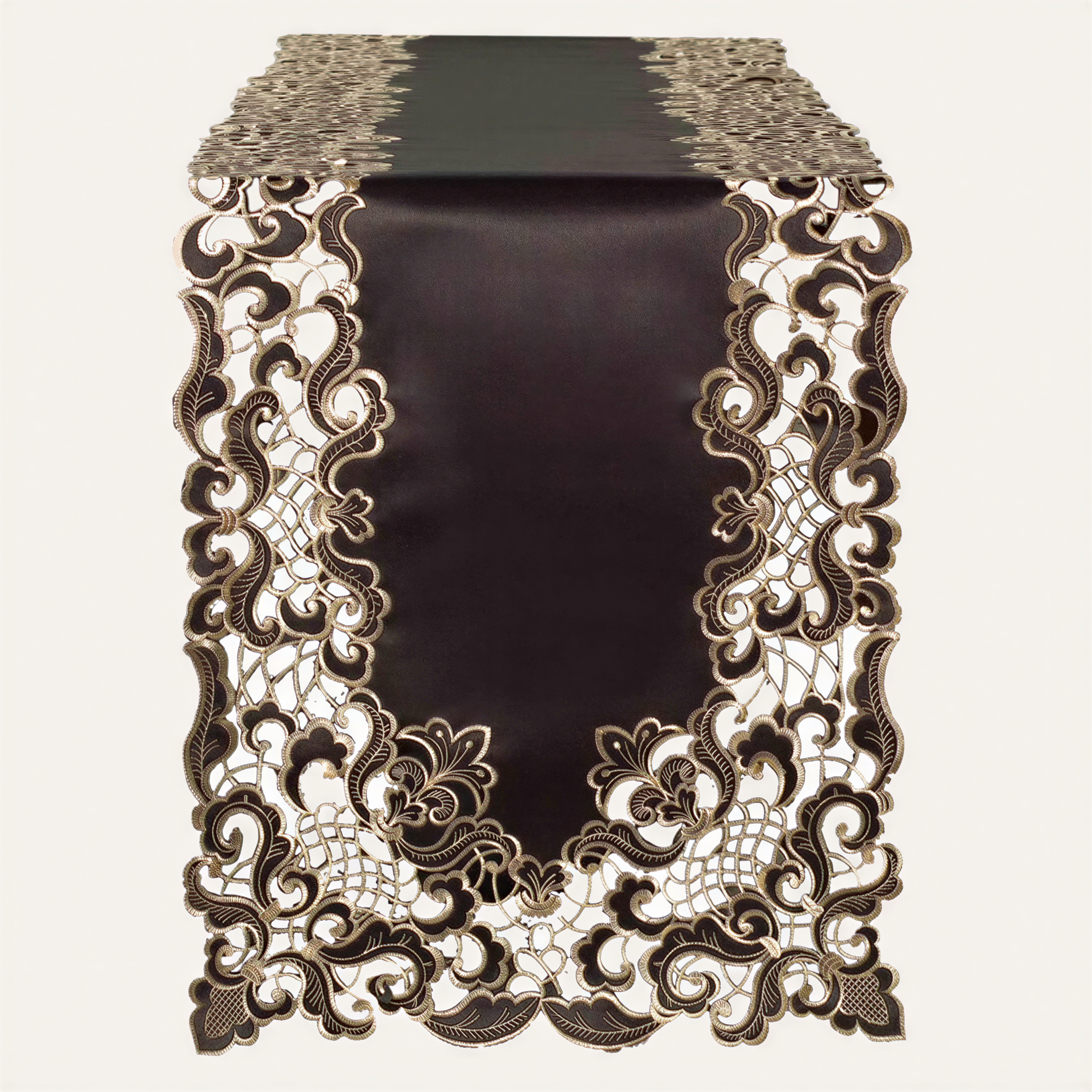 Black Gold Table Runner – Granada Collection Rustic Embroidered Linen Decor 14x108 Inch