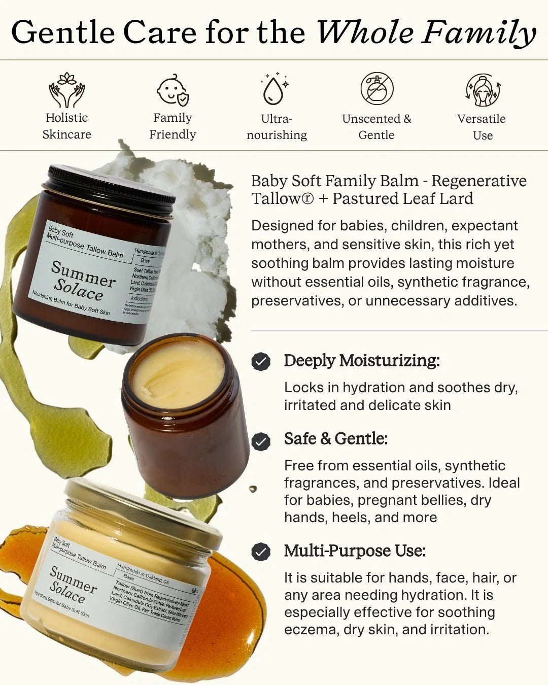 Baby Soft Family Tallow Balm with Lard + Cacao • Gentle Unscented Moisturizer