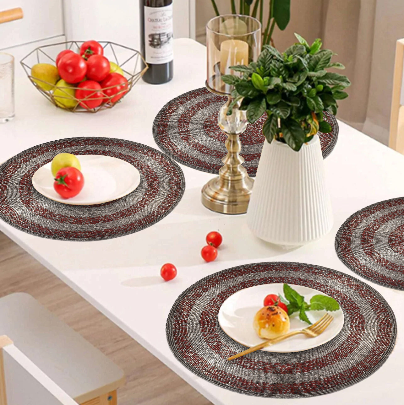 Melia Grace – Beaded Placemats, The Melia Collection Elegant Decorative Dining Table Décor 14 inch