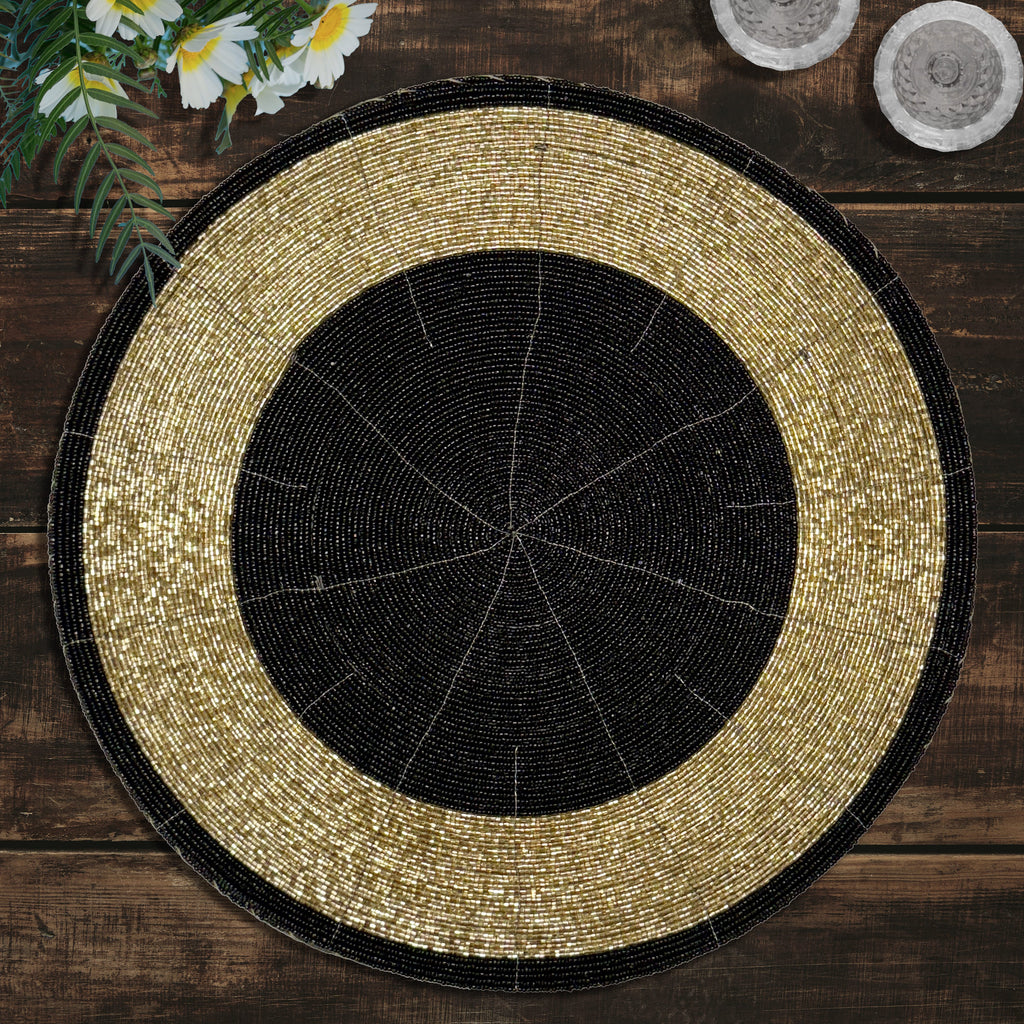 Golden Noir – Round Beaded Placemats in Black and Gold, Luxurious Decorative Dining Table Mats 14 inch