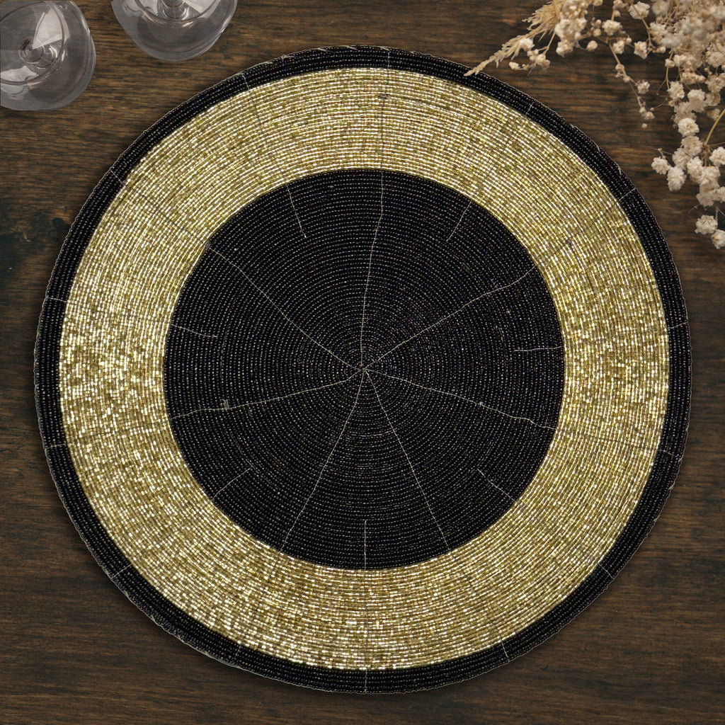 Golden Noir – Round Beaded Placemats in Black and Gold, Luxurious Decorative Dining Table Mats 14 inch