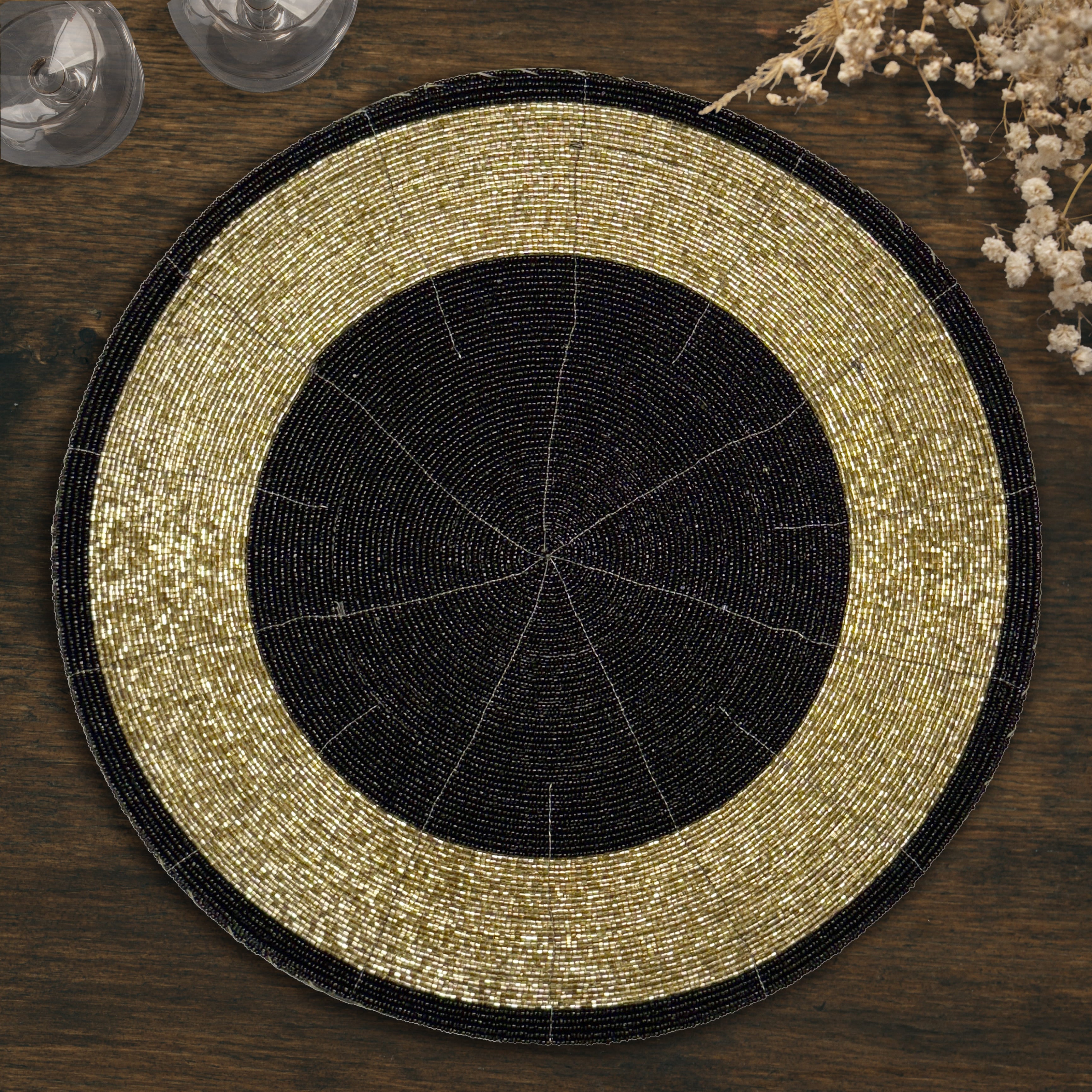 Golden Noir – Round Beaded Placemats in Black and Gold, Luxurious Decorative Dining Table Mats 14 inch