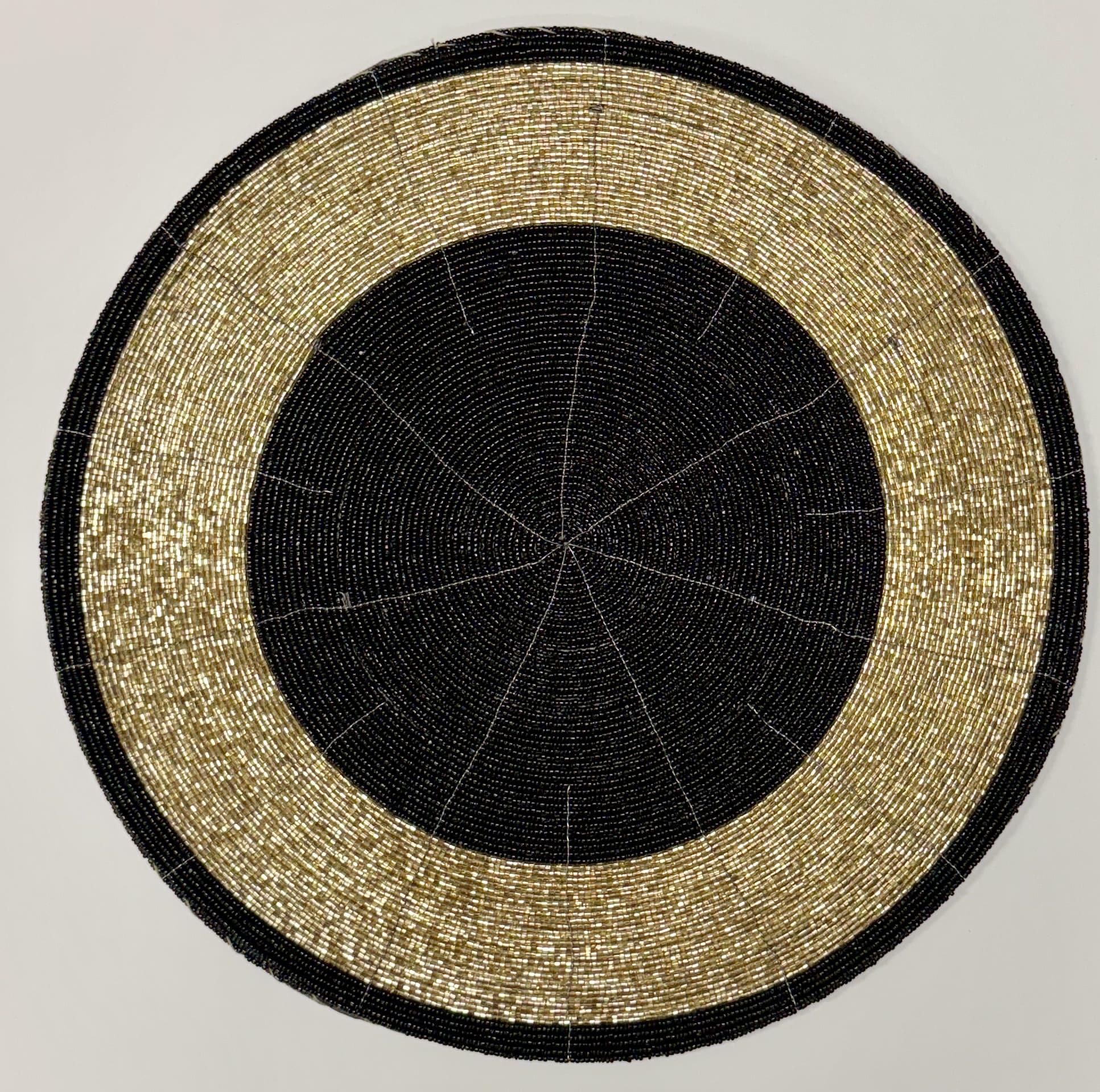 Golden Noir – Round Beaded Placemats in Black and Gold, Luxurious Decorative Dining Table Mats 14 inch