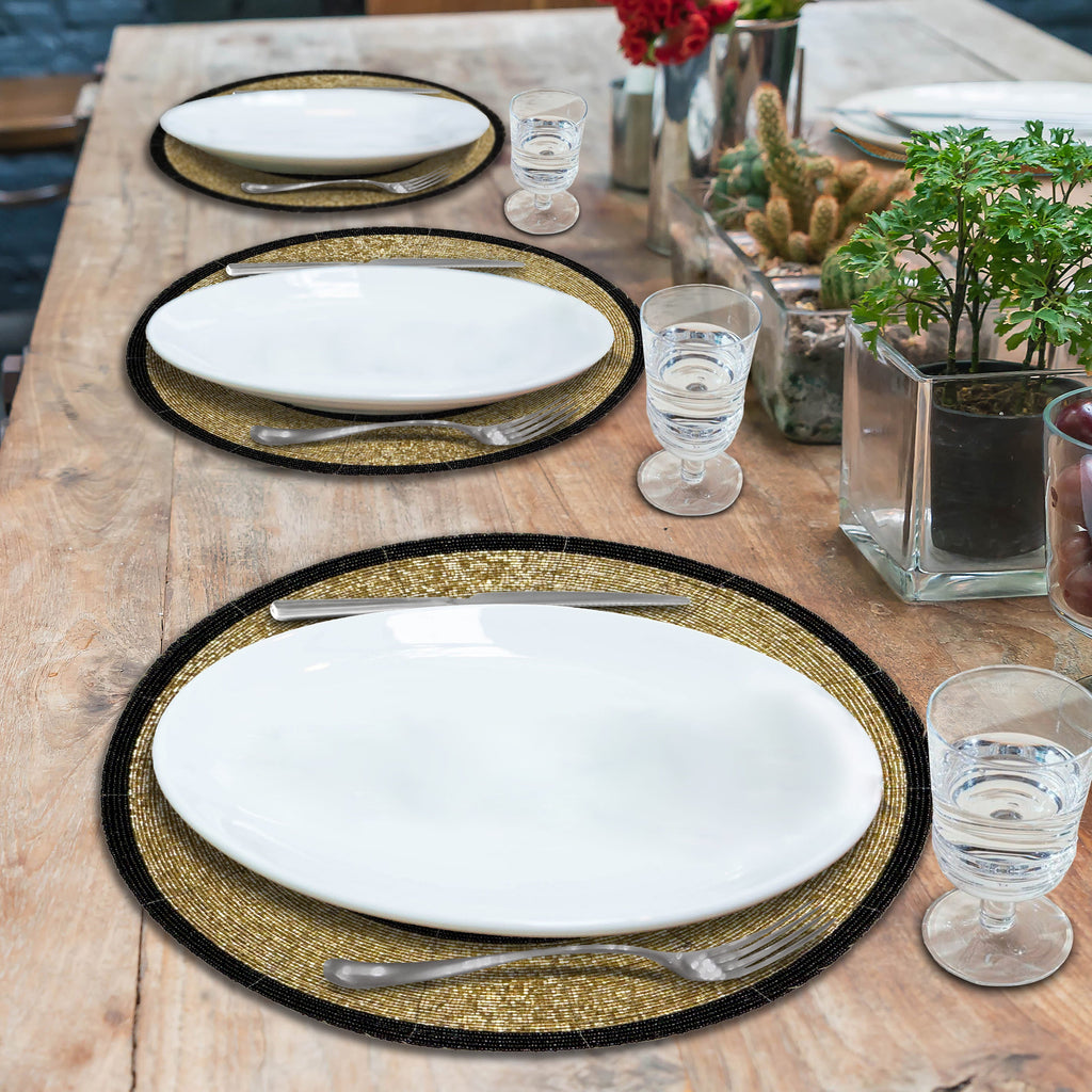 Golden Noir – Round Beaded Placemats in Black and Gold, Luxurious Decorative Dining Table Mats 14 inch