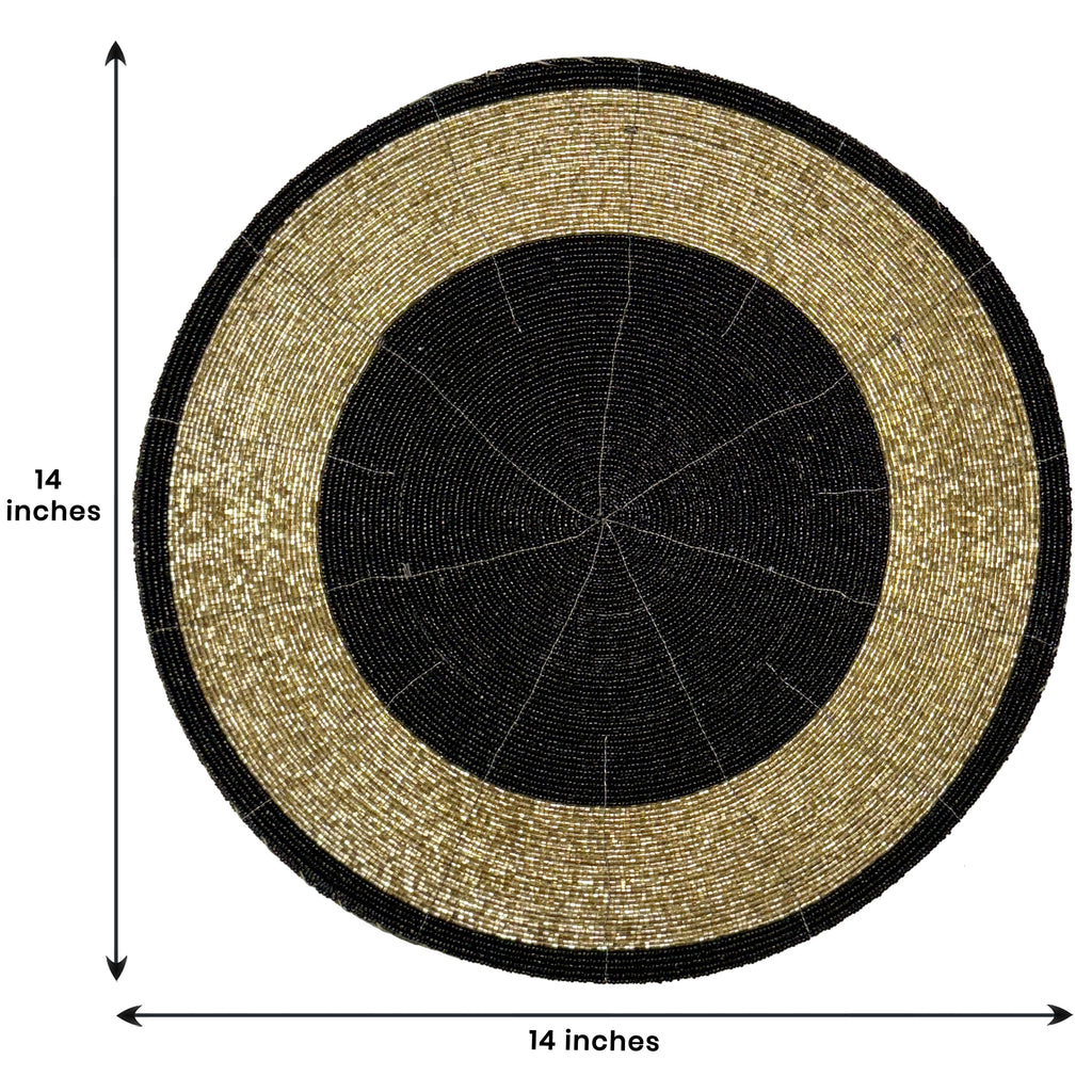 Golden Noir – Round Beaded Placemats in Black and Gold, Luxurious Decorative Dining Table Mats 14 inch