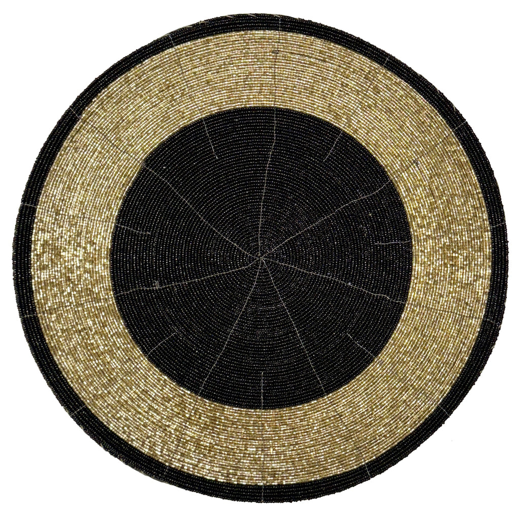 Golden Noir – Round Beaded Placemats in Black and Gold, Luxurious Decorative Dining Table Mats 14 inch