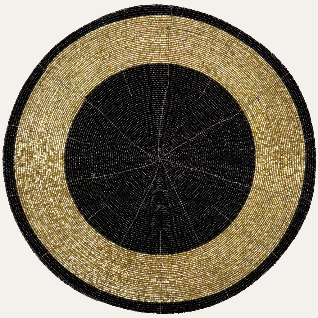 Golden Noir – Round Beaded Placemats in Black and Gold, Luxurious Decorative Dining Table Mats 14 inch