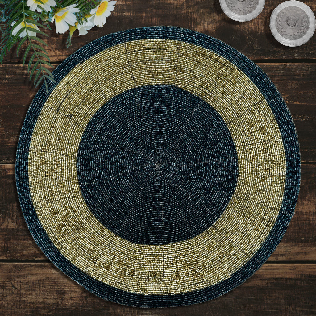 Midnight Dusk – Round Beaded Placemats, Dark Blue and Gold Elegant Heat-Resistant Table Mats 14 inch