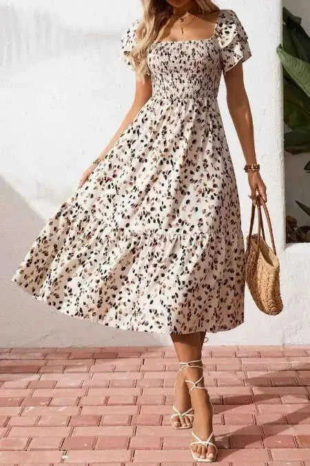 Beige Ditsy Floral Print Smocked Square Neck Ruffle Short Sleeve Dress Eco My Home Floral Dresses Salty Season LLC ecomyhome.store United States