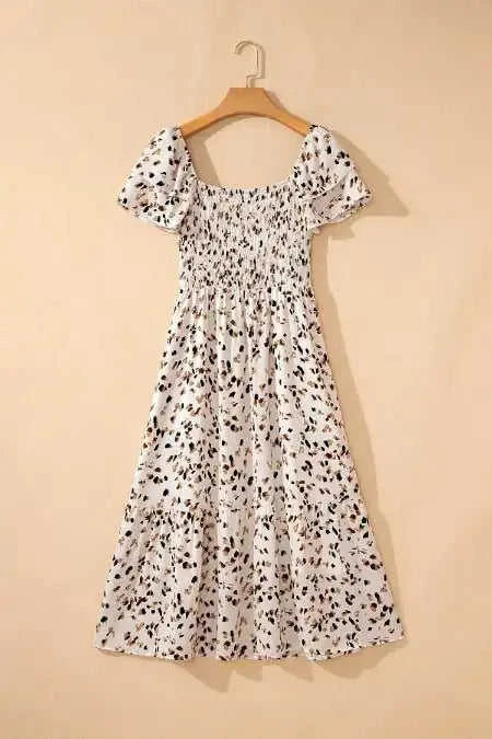 Beige Ditsy Floral Print Smocked Square Neck Ruffle Short Sleeve Dress Eco My Home Floral Dresses Salty Season LLC ecomyhome.store United States