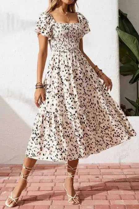 Beige Ditsy Floral Print Smocked Square Neck Ruffle Short Sleeve Dress Eco My Home Floral Dresses Salty Season LLC ecomyhome.store United States
