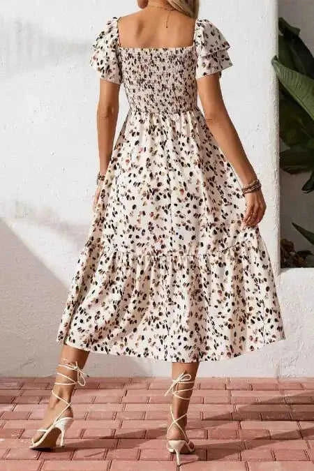 Beige Ditsy Floral Print Smocked Square Neck Ruffle Short Sleeve Dress Eco My Home Floral Dresses Salty Season LLC ecomyhome.store United States