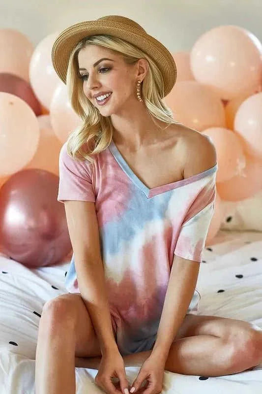 BiBi Tie Dye V Neck Top - Stylish French Terry Shirt for Comfortable Fashion Eco My Home Shirt Salty Season LLC ecomyhome.store United States