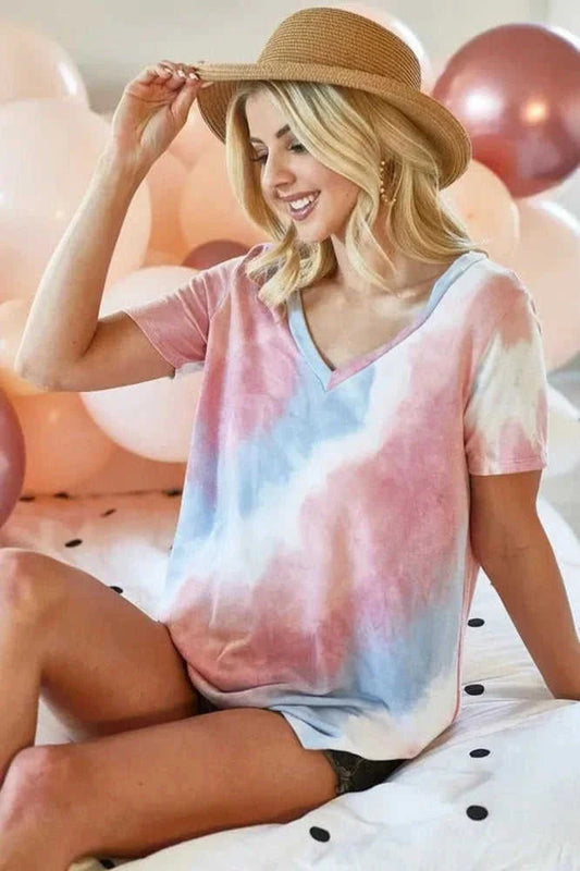 BiBi Tie Dye V Neck Top - Stylish French Terry Shirt for Comfortable Fashion Eco My Home Shirt Salty Season LLC ecomyhome.store United States