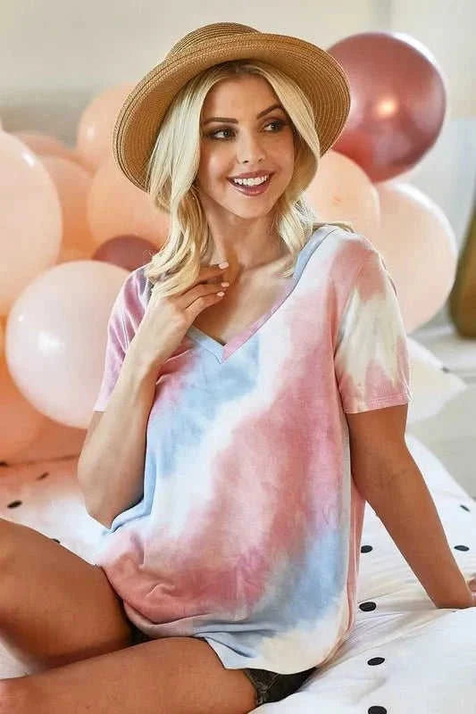 BiBi Tie Dye V Neck Top - Stylish French Terry Shirt for Comfortable Fashion Eco My Home Shirt Salty Season LLC ecomyhome.store United States