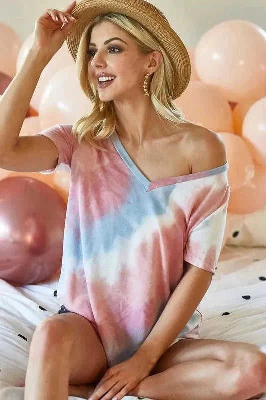 BiBi Tie Dye V Neck Top - Stylish French Terry Shirt for Comfortable Fashion Eco My Home Shirt Salty Season LLC ecomyhome.store United States
