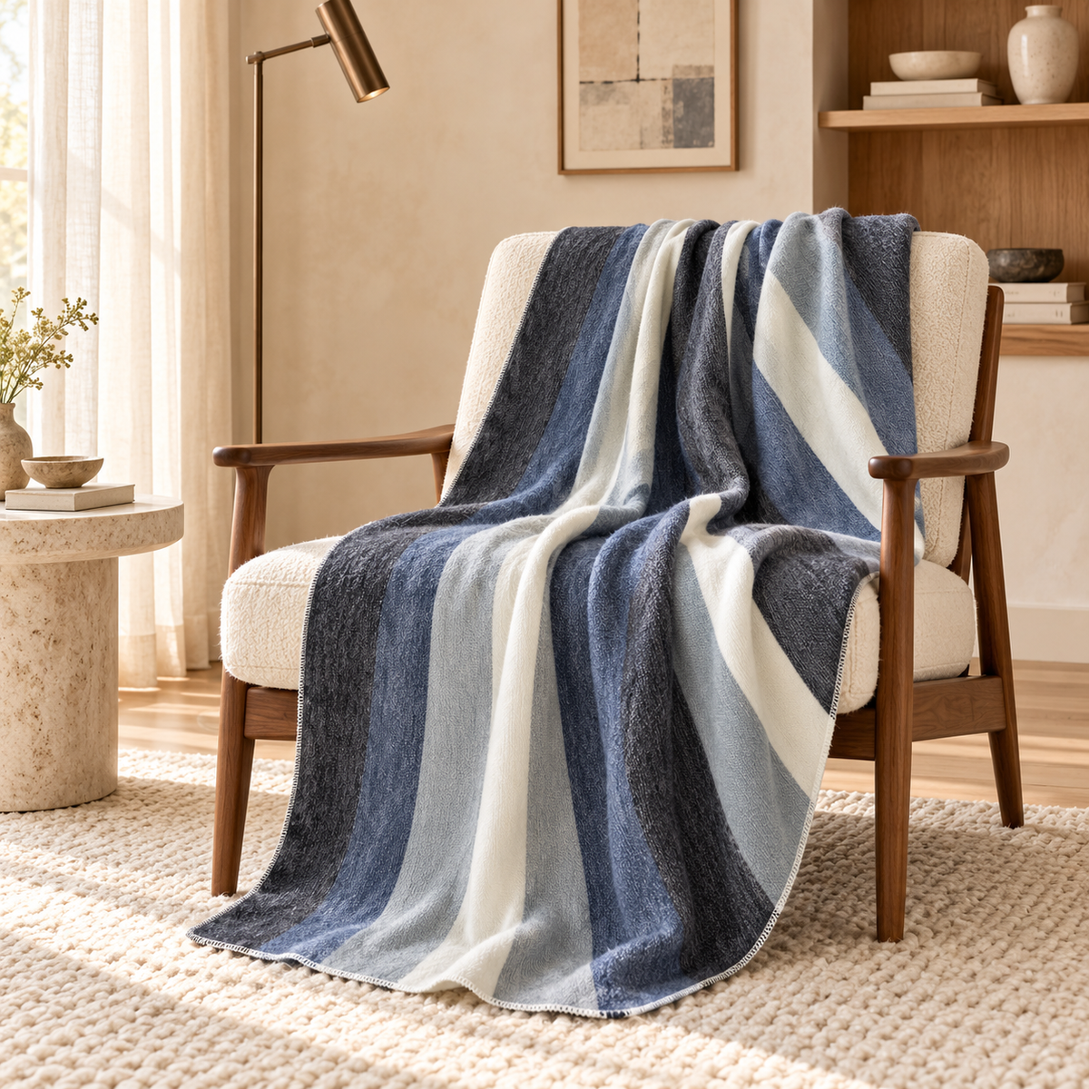 Handwoven Alpaca Throw Blanket | Denim Blues, Black & Cream | Nawi Collection