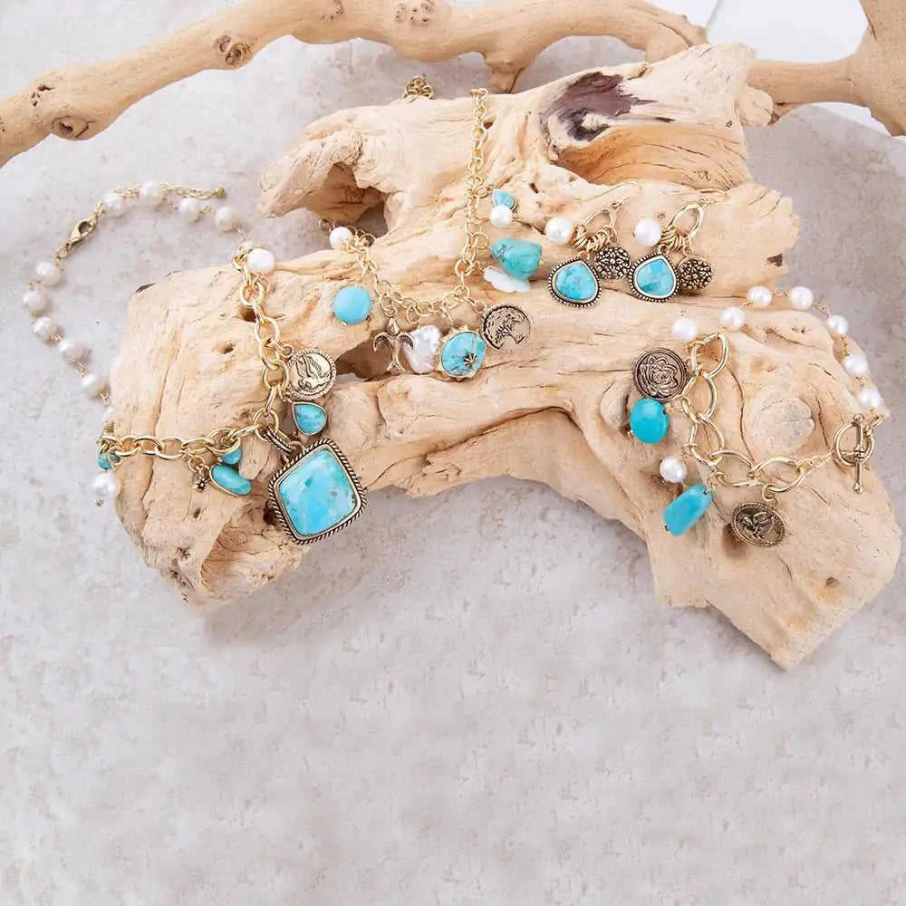 Blue Turquoise and White Pearl Multi Charm Golden Bracelet Eco My Home Bracelets Barse Jewelry ecomyhome.store United States