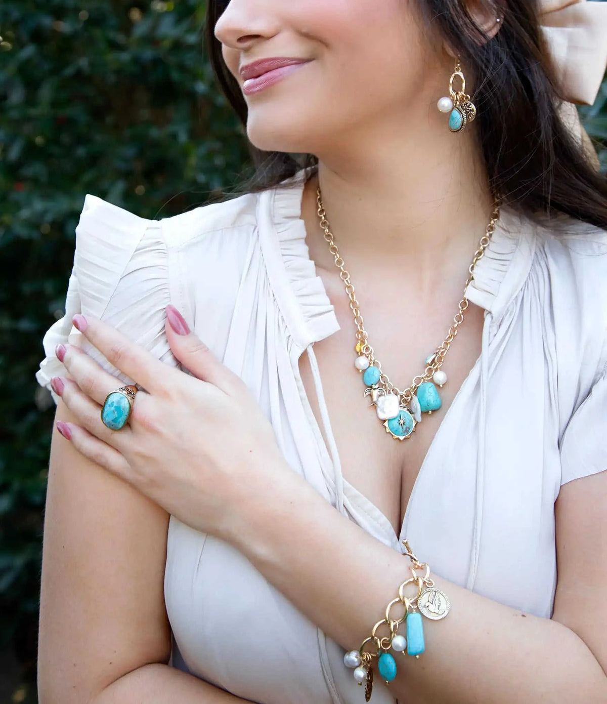 Blue Turquoise and White Pearl Multi Charm Golden Bracelet Eco My Home Bracelets Barse Jewelry ecomyhome.store United States