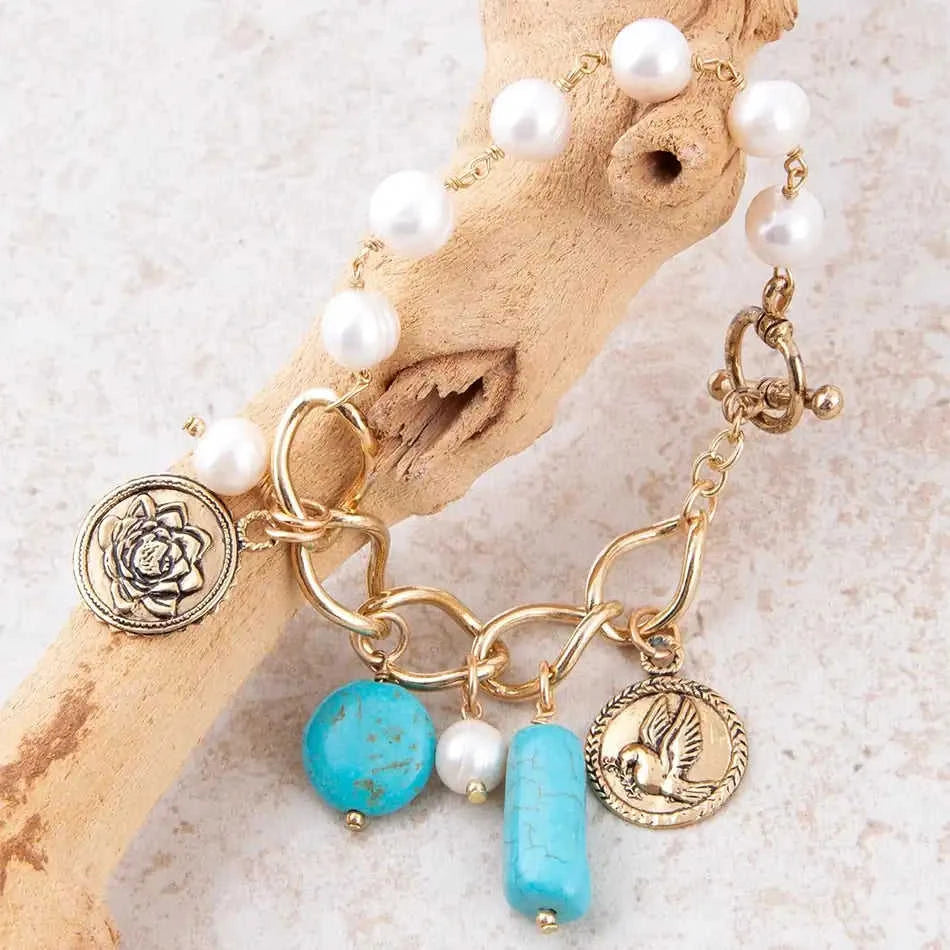 Blue Turquoise and White Pearl Multi Charm Golden Bracelet Eco My Home Bracelets Barse Jewelry ecomyhome.store United States