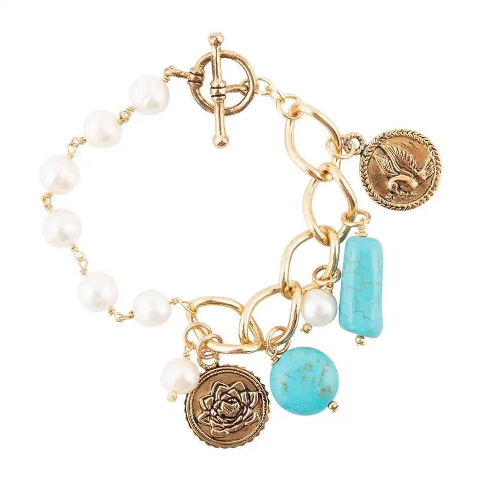 Blue Turquoise and White Pearl Multi Charm Golden Bracelet Eco My Home Bracelets Barse Jewelry ecomyhome.store United States