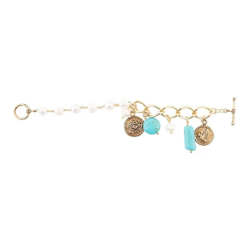 Blue Turquoise and White Pearl Multi Charm Golden Bracelet Eco My Home Bracelets Barse Jewelry ecomyhome.store United States