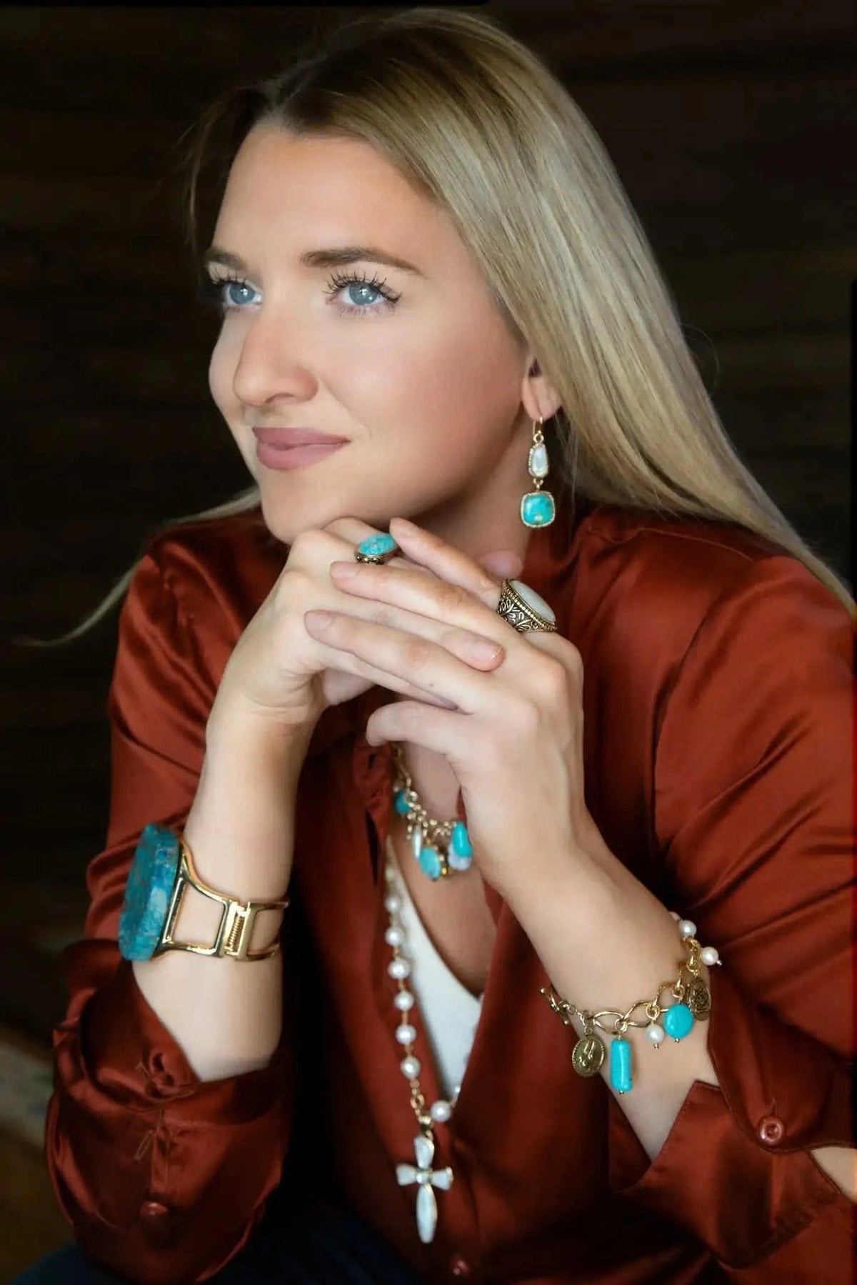 Blue Turquoise and White Pearl Multi Charm Golden Bracelet Eco My Home Bracelets Barse Jewelry ecomyhome.store United States