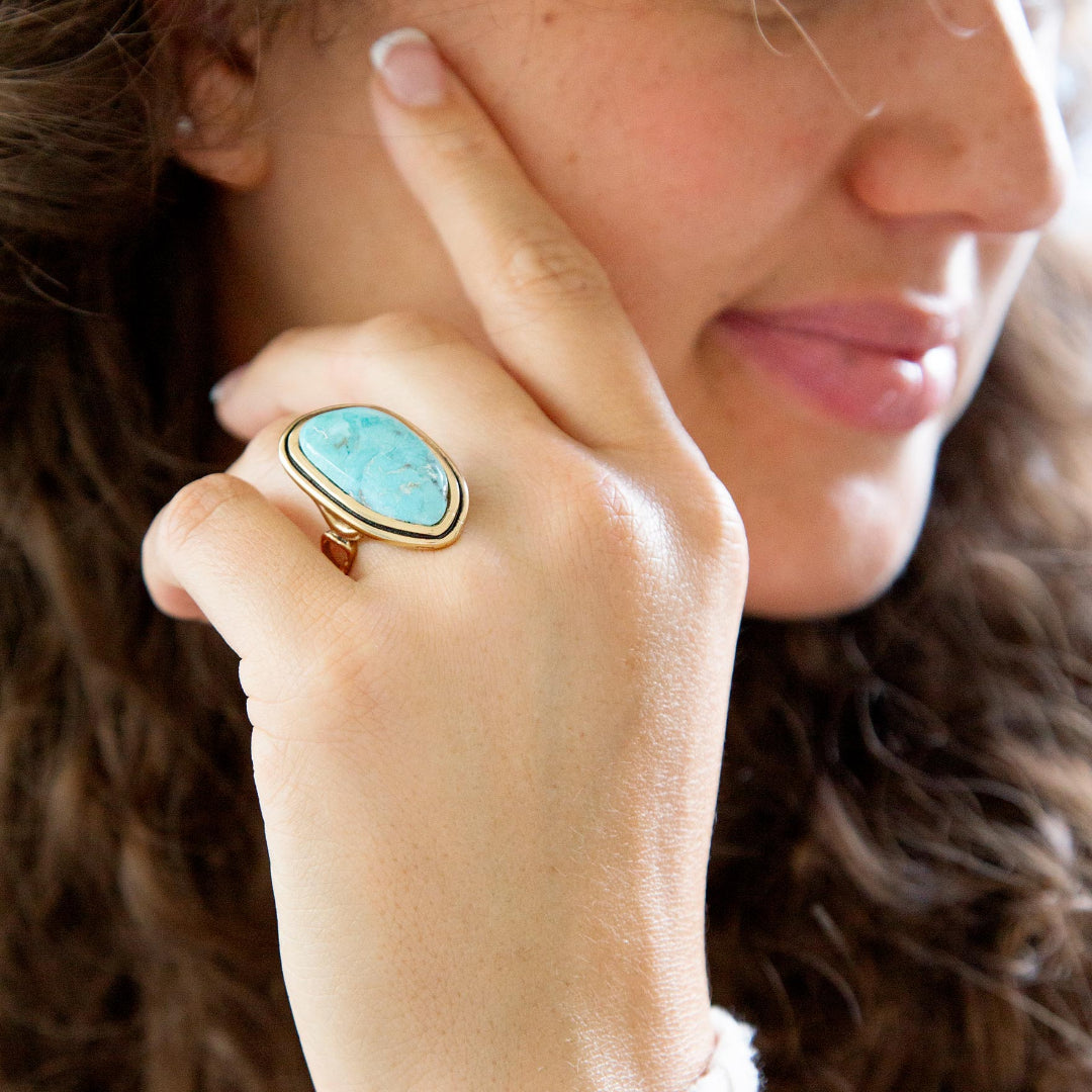Blue Turquoise Irregular Golden Statement Ring