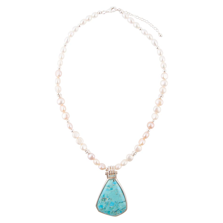 Blue Turquoise Pendant and White Pearl Sterling Silver Necklace