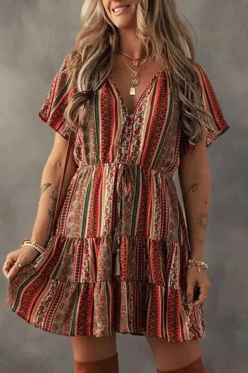 Bohemian Floral Dress with Buttoned V Neck and Ruffle Tiered Design Eco My Home Dress Salty Season LLC ecomyhome.store United States