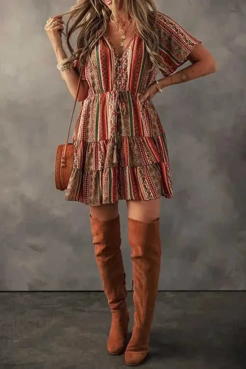 Bohemian Floral Dress with Buttoned V Neck and Ruffle Tiered Design Eco My Home Dress Salty Season LLC ecomyhome.store United States