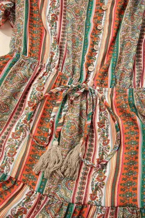 Bohemian Floral Dress with Buttoned V Neck and Ruffle Tiered Design Eco My Home Dress Salty Season LLC ecomyhome.store United States