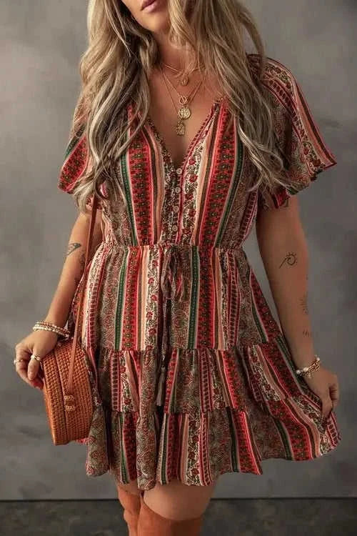 Bohemian Floral Dress with Buttoned V Neck and Ruffle Tiered Design Eco My Home Dress Salty Season LLC ecomyhome.store United States