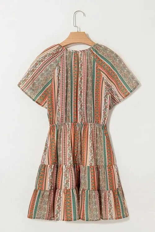 Bohemian Floral Dress with Buttoned V Neck and Ruffle Tiered Design Eco My Home Dress Salty Season LLC ecomyhome.store United States