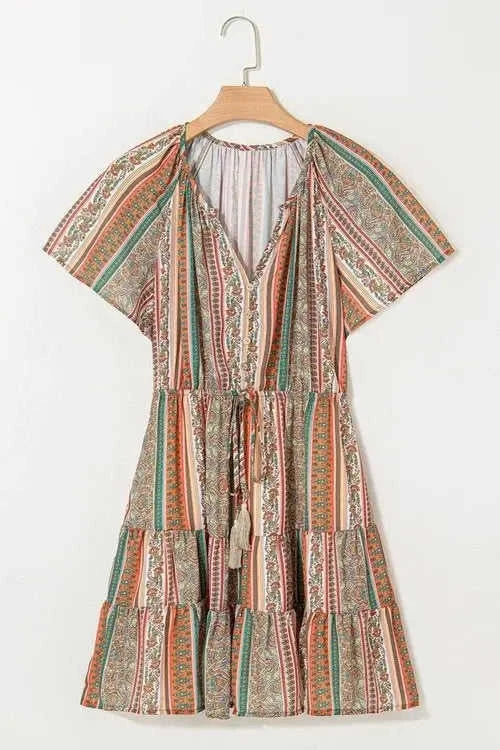 Bohemian Floral Dress with Buttoned V Neck and Ruffle Tiered Design Eco My Home Dress Salty Season LLC ecomyhome.store United States