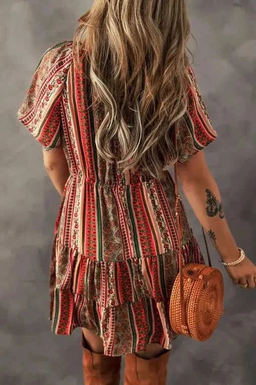 Bohemian Floral Dress with Buttoned V Neck and Ruffle Tiered Design Eco My Home Dress Salty Season LLC ecomyhome.store United States
