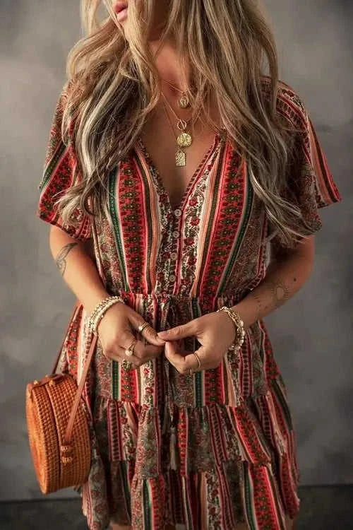 Bohemian Floral Dress with Buttoned V Neck and Ruffle Tiered Design Eco My Home Dress Salty Season LLC ecomyhome.store United States