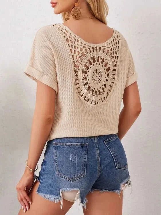 Boho Crochet T-Shirt with Unique Back Knit Design Eco My Home Women's Tops Salty Season LLC ecomyhome.store United States