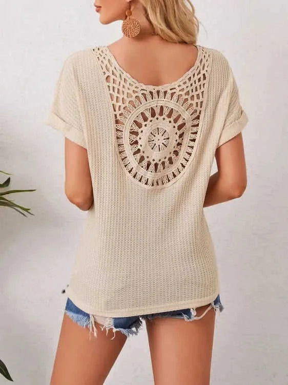 Boho Crochet T-Shirt with Unique Back Knit Design Eco My Home Women's Tops Salty Season LLC ecomyhome.store United States