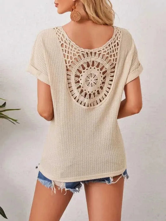 Boho Crochet T-Shirt with Unique Back Knit Design Eco My Home Women's Tops Salty Season LLC ecomyhome.store United States