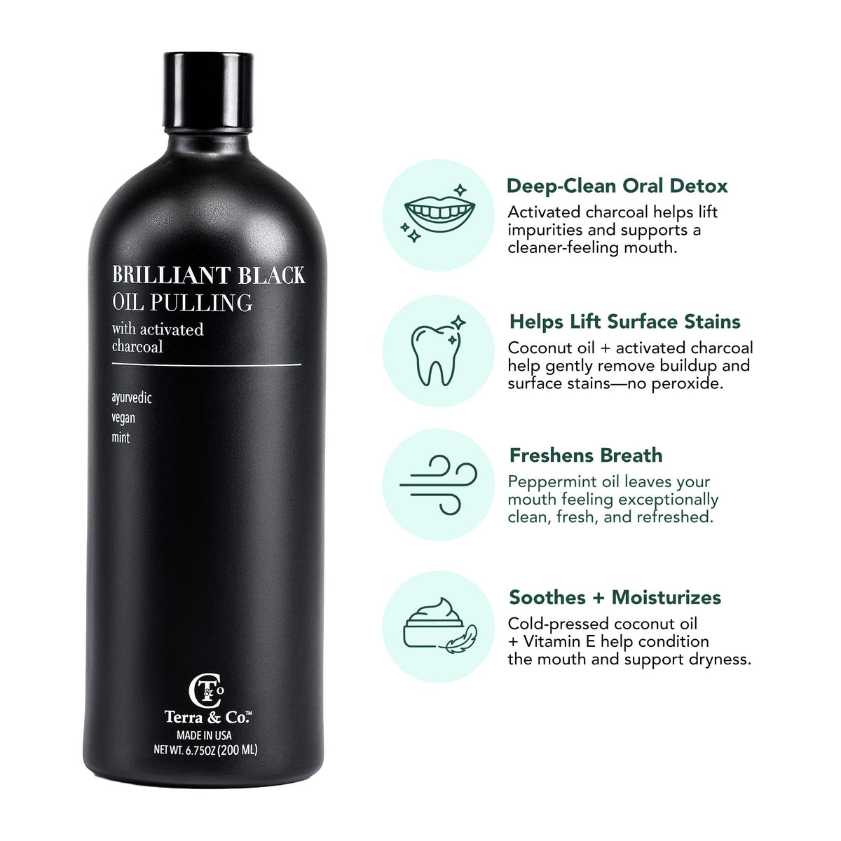 Brilliant Black® Oil Pulling – Charcoal Ayurvedic Rinse for Teeth Whitening & Fresh Breath, 6.75 oz