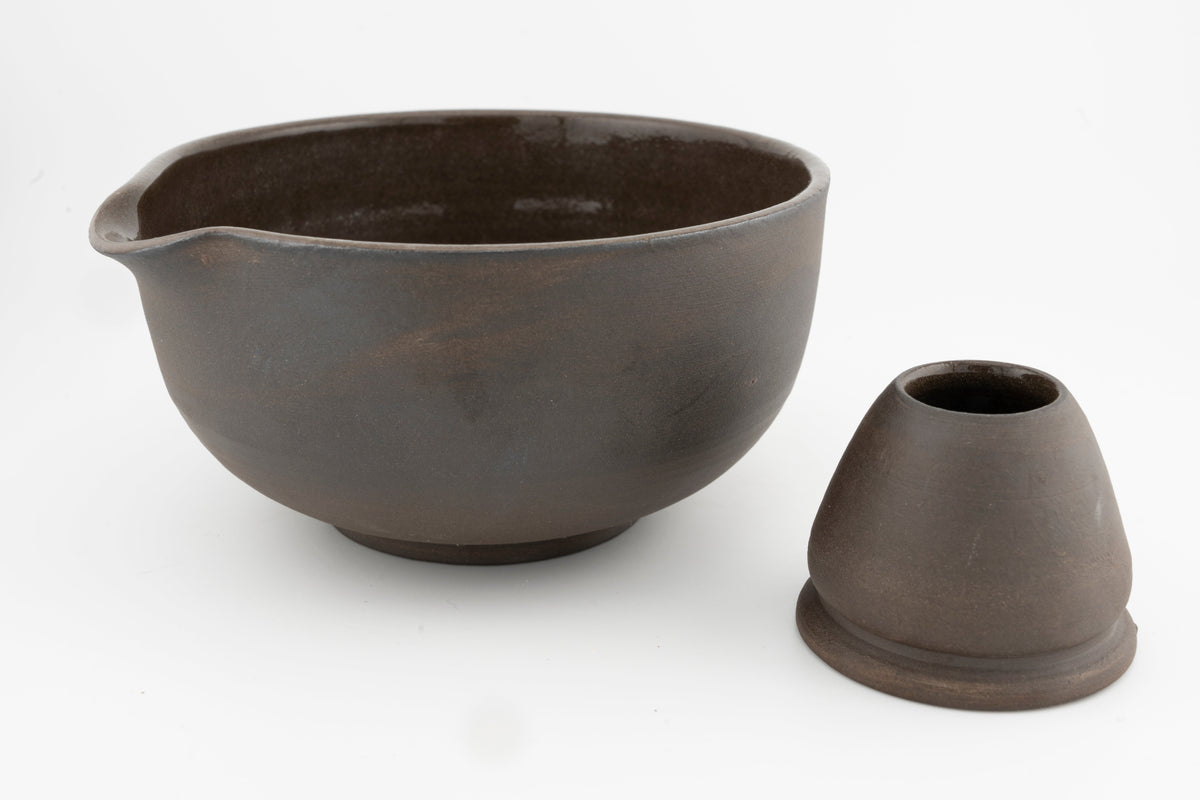 Matcha Set - Brown Stoneware | Bowl with Matching Whisk Holder | Chawan and Chasentate