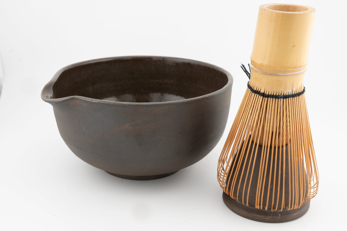 Matcha Set - Brown Stoneware | Bowl with Matching Whisk Holder | Chawan and Chasentate