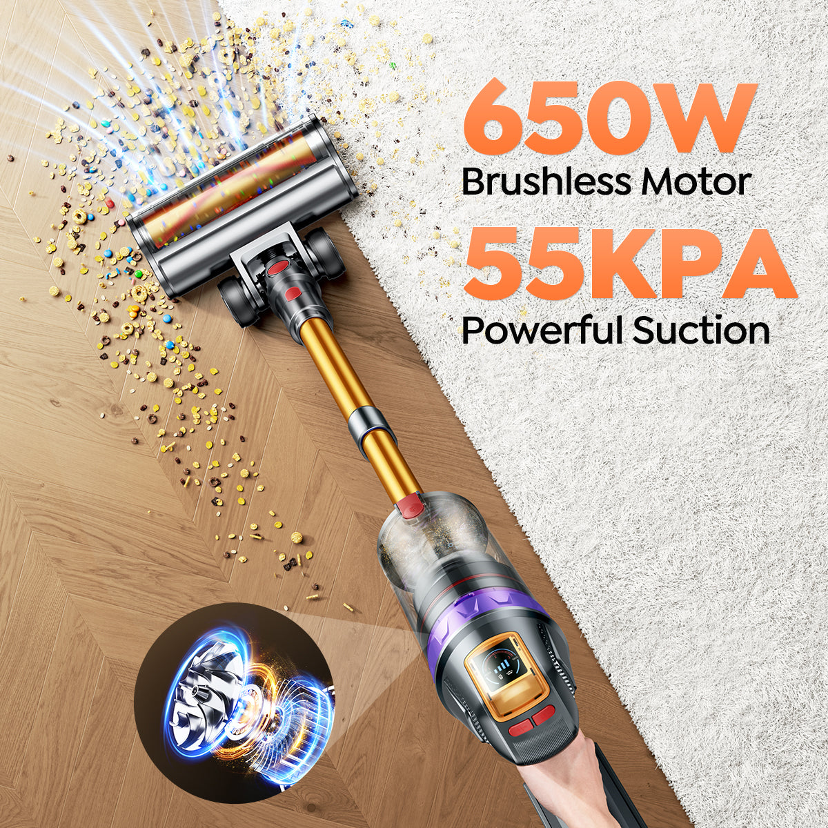 Buture VC90 Cordless Vacuum | 650W 55KPA, Auto Floor Detection
