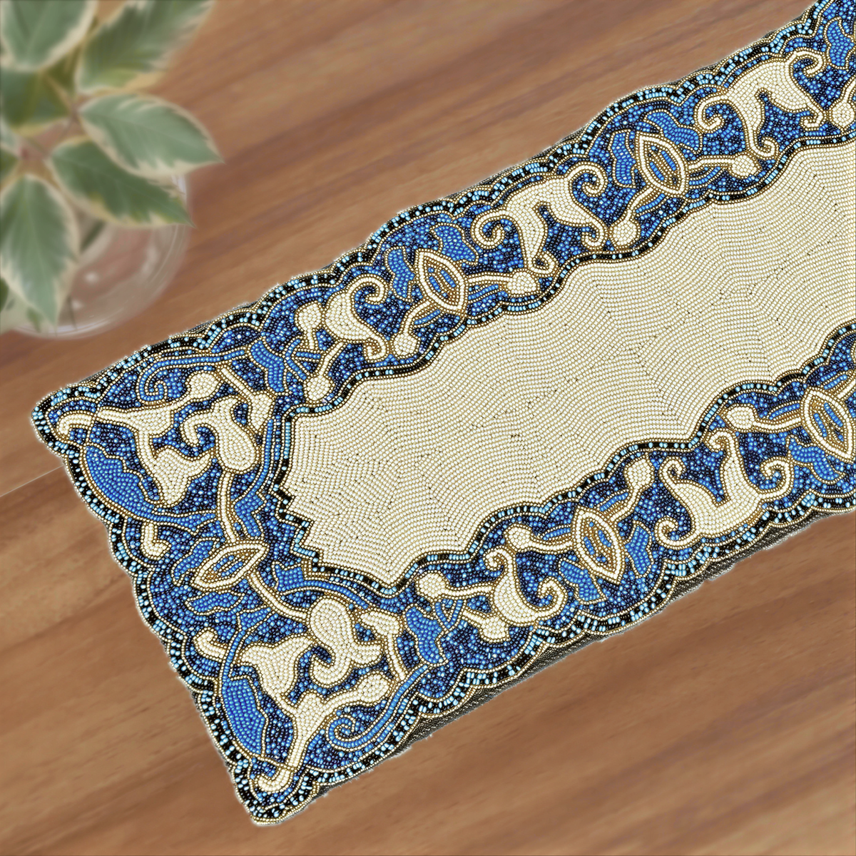 Beaded Table Runner – White Blue, 36x13 Inch