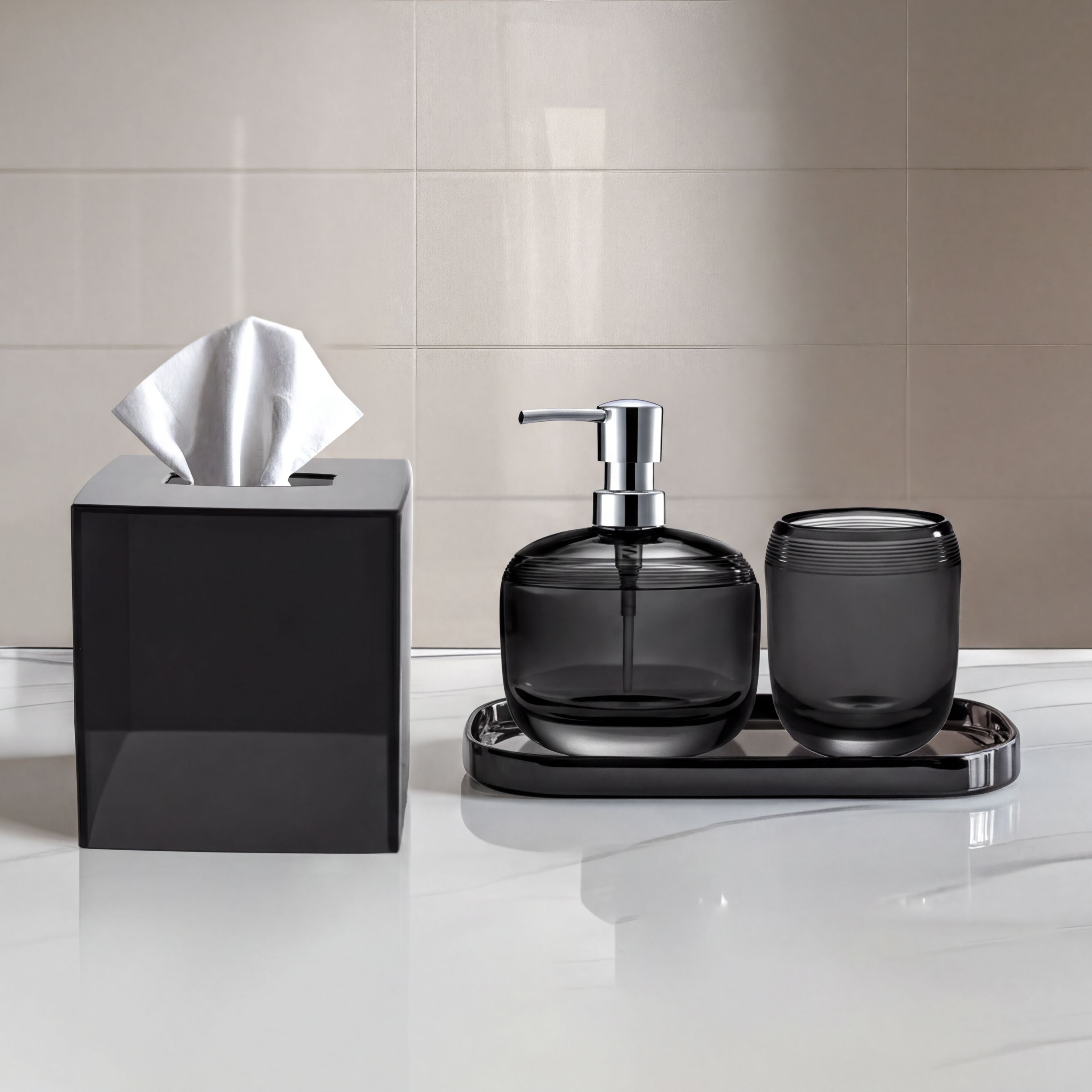 Acrylic Bathroom Set – Modern Bathroom Accessories Kit with Soap Dispenser & Tray