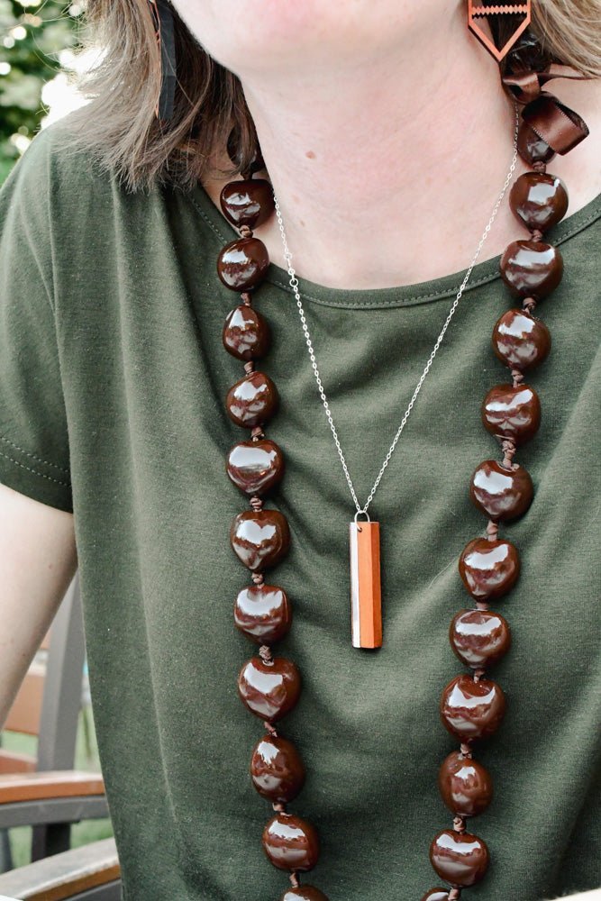 Wood & Sterling Silver Bar Necklace, Vertical Metal Inlay