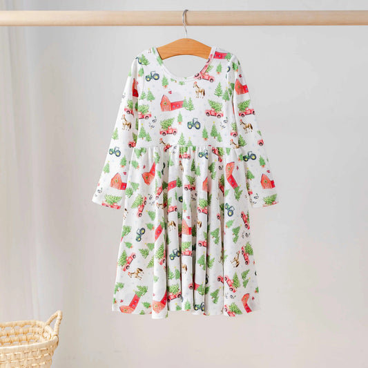Christmas Tree Farm Organic Cotton Dress for Kids Eco My Home Cotton Twirl Dress Nola Tawk ecomyhome.store United States